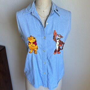 Disney Light Blue Denim Sleeveless Shirt with Winnie the Pooh & Tigger Patches